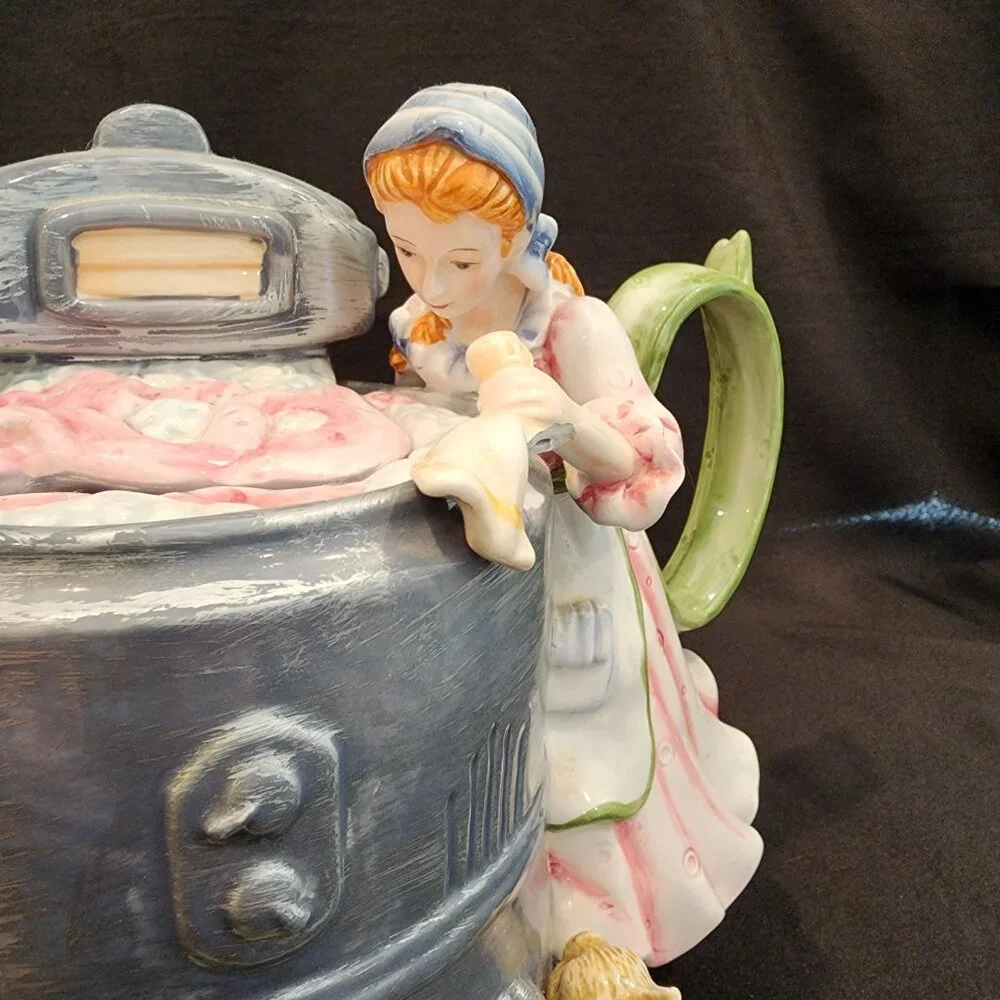 Vintage Ceramic Teapot Old Fashioned Ringer Washer Mom and Son, Rare